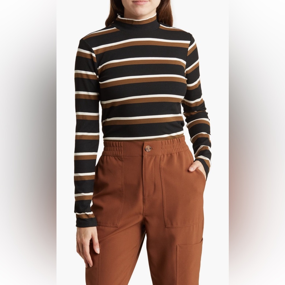 Nordstrom Sanctuary Striped Mock Neck Long Sleeve Ribbed Top Large L